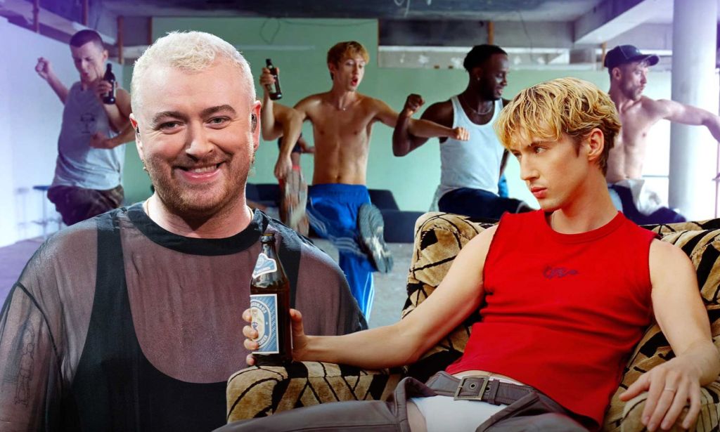 This picture shows queer singers Sam Smith and Troye Sivan against a still of Troye Sivan's new Rush music video.