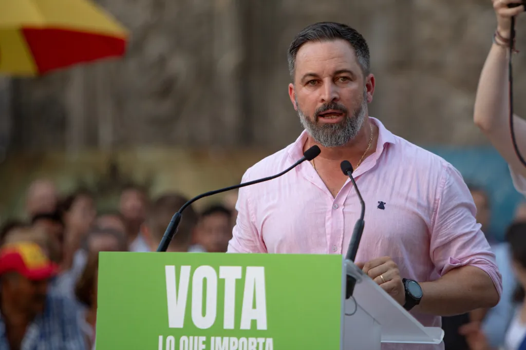 MURCIA, SPAIN - 20 JULY: Spanish far- right Vox Party Leader, Santiago Abascal speaks to his supporters at the end of his rally during the final stretch of the electoral campaign in Murcia, Spain on July 20, 2023. (Photo by Loyola Perez De Villegas Muniz/Anadolu Agency via Getty Images)