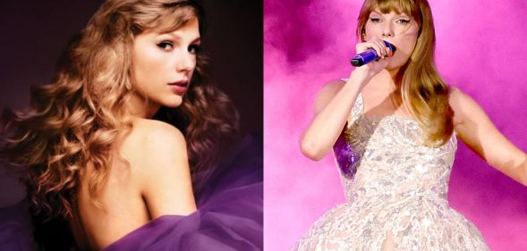 The album cover of Taylor Swift's Speak Now Taylor's Version, and Taylor Swift performing on the Speak Now tour.