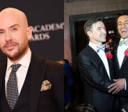 On the left, comedian Tom Allen. On the right, Peter McGraith and David Cabreza, the first gay couple to wed in the UK.