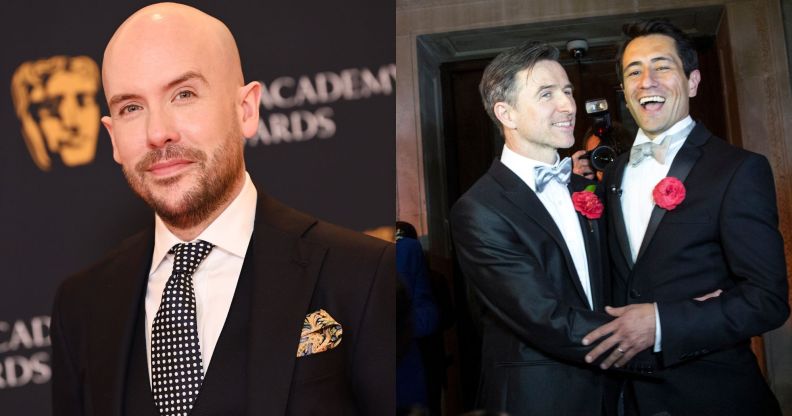 On the left, comedian Tom Allen. On the right, Peter McGraith and David Cabreza, the first gay couple to wed in the UK.