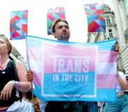 Trans in the City protest banner on July 1, 2023 in London, England. Pride in London is an annual LGBT+ festival and parade held each summer in London. 35,000 people are expected to march this year making the event the largest in London to date. (Footage by Mark Case/Getty Images)
