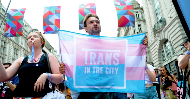 Trans in the City protest banner on July 1, 2023 in London, England. Pride in London is an annual LGBT+ festival and parade held each summer in London. 35,000 people are expected to march this year making the event the largest in London to date. (Footage by Mark Case/Getty Images)
