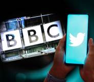 The BBC logo and a phone with a TWitter logo