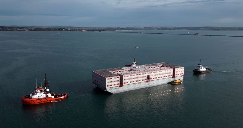 The Bibby Stockholm migrant barge, which will serve as living quarters for up to 500 asylum seekers, arrives at Portland Harbour on July 18, 2023