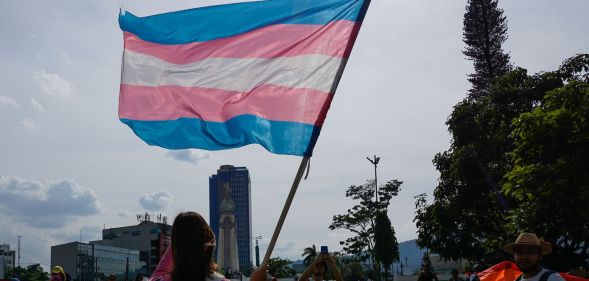 Activist holds trans flag on International Day Against Homophobia, Biphobia and Transphobia on May 20, 2023 in San Salvador, El Salvador