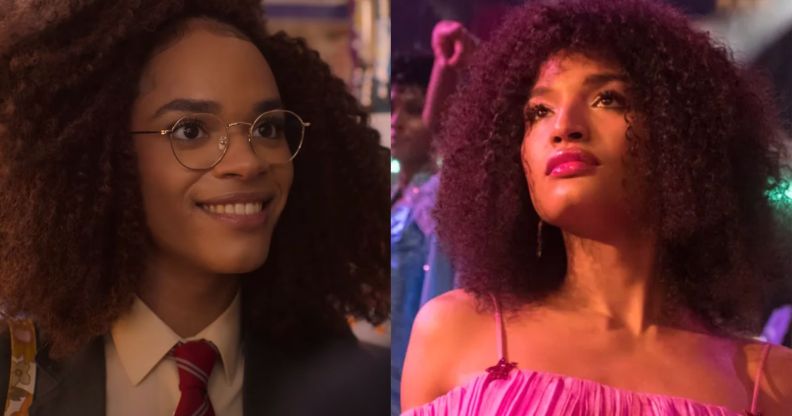 Stills from the Heartstopper season two trailer featuring Yasmin Finney. On the right, an image of indya Moore as Angel Evangelista in Pose.