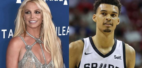 Side by side images of singer Britney Spears wearing a sparkly outfit and NBA player Victor Wembanyama