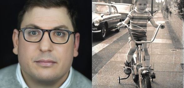 Emmett de Monterey pictured on the left as an adult. On the right he is pictured on a bicycle in a black and white picture.