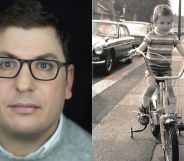 Emmett de Monterey pictured on the left as an adult. On the right he is pictured on a bicycle in a black and white picture.