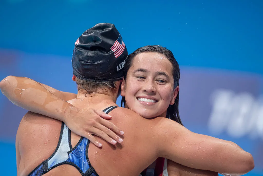 Katie Ledecky of the United States winning the gold medal and Erica Sullivan of the United States winning the silver medal. 