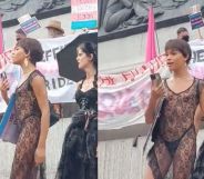 Heartstopper star Yasmin Finney wears a black lacey outfit as she stands before the crowd at London Trans+ Pride 2023