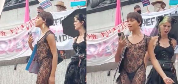 Heartstopper star Yasmin Finney wears a black lacey outfit as she stands before the crowd at London Trans+ Pride 2023
