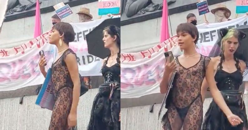 Heartstopper star Yasmin Finney wears a black lacey outfit as she stands before the crowd at London Trans+ Pride 2023