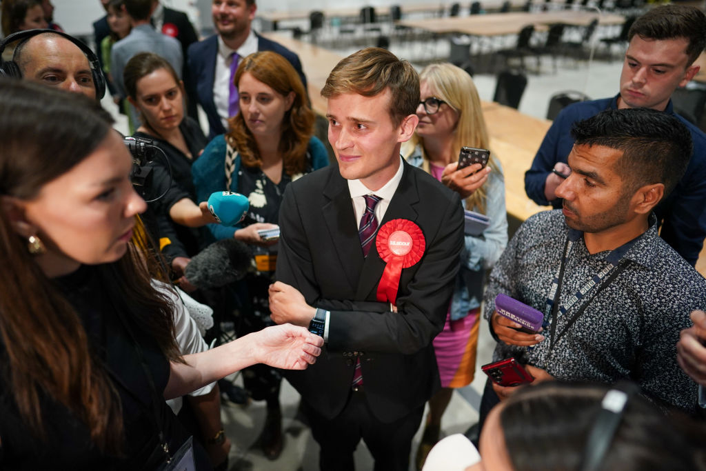Keir Mather celebrates winning with 16,456 votes the Selby and Ainsty by-election on July 21, 2023 in Selby, England.