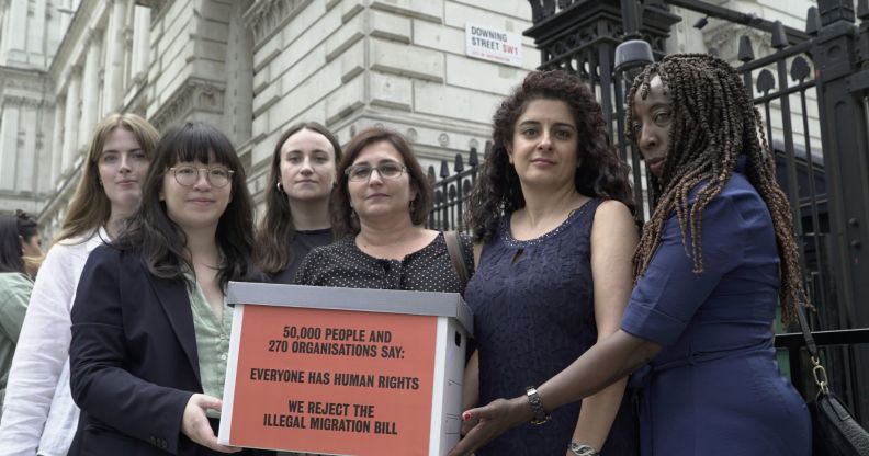 Leila Zadeh, second from the right, pictured with other activists delivering their petition on the Illegal Migration Bill to Downing Street.