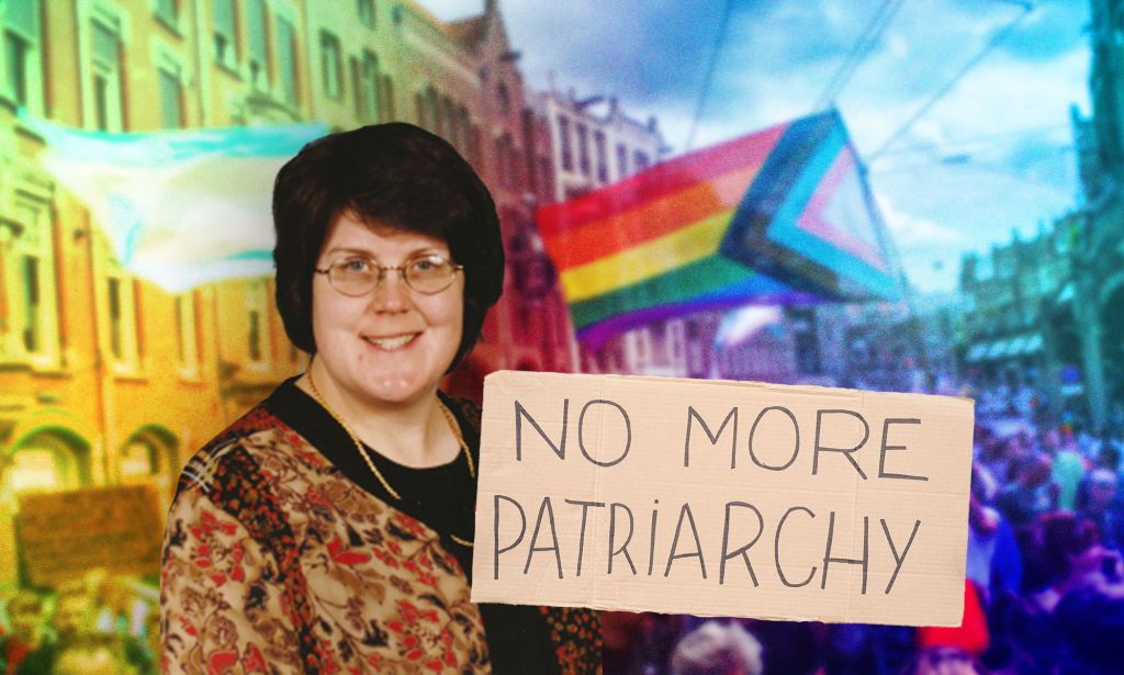 A graphic composed of an image of Stephanie Suesan Smith, a lesbian who is also part of the disabled community, LGBTQ+ flags and a sign that reads 'no more patriarchy'