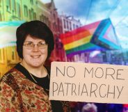 A graphic composed of an image of Stephanie Suesan Smith, a lesbian who is also part of the disabled community, LGBTQ+ flags and a sign that reads 'no more patriarchy'