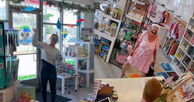 Side by side screenshots from a TikTok video about right-wing backlash to a planned kid-friendly drag event. Both images depict different women confronting staff about the event