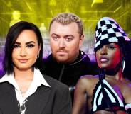 The image shows Demi Lovato, Sam Smith and Janelle Monae pictured against a backdrop set in the non-binary flag colours.