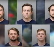 Five members of Patriot Front are depicted on screen with their mug shots after being arrested for planning to riot at an LGBTQ+ Pride event in Idaho