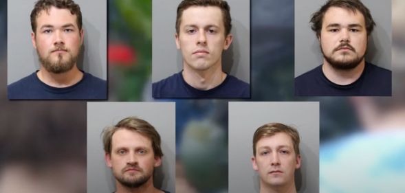 Five members of Patriot Front are depicted on screen with their mug shots after being arrested for planning to riot at an LGBTQ+ Pride event in Idaho