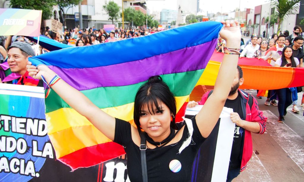 A person holds up a rainbow LGBTQ+ flag during a march in Peru where advocates call for same-sex marriage laws, for queer people to be protected from discrimination and more