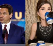 side by side pictures of Florida governor Ron DeSantis speaking at a podium with a picture of trans TikToker Dylan Mulvaney drinking from a can of Bud Light