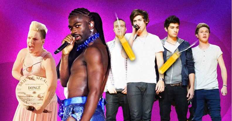 An image composite featuring Pink, Lil Nas X and One Direction.