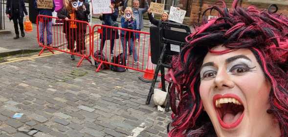 Drag Queen Story Hour host Aida H Dee and protesters at Edinburgh Festival Fringe 2023