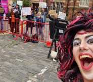 Drag Queen Story Hour host Aida H Dee and protesters at Edinburgh Festival Fringe 2023