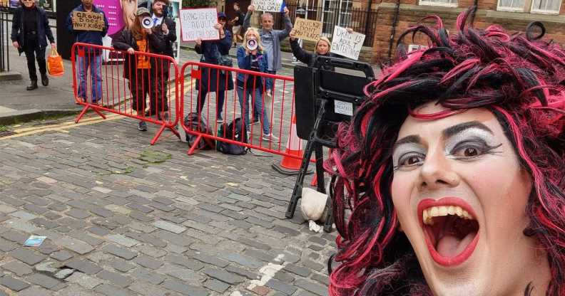 Drag Queen Story Hour host Aida H Dee and protesters at Edinburgh Festival Fringe 2023