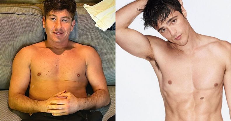 On the left, Barry Keoghan poses shirtless while lying down with his hands clasped in his lap. On the right, Jacob Elordi poses topless for his Calvin Klein campaign.