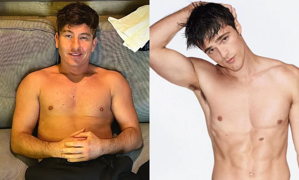 On the left, Barry Keoghan poses shirtless while lying down with his hands clasped in his lap. On the right, Jacob Elordi poses topless for his Calvin Klein campaign.