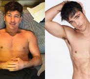 On the left, Barry Keoghan poses shirtless while lying down with his hands clasped in his lap. On the right, Jacob Elordi poses topless for his Calvin Klein campaign.