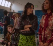 Bel Priestley as Naomi (centre), Ash Self as Felix (left) and Yasmin Finney as Elle in Heartstopper season 2 on Netflix