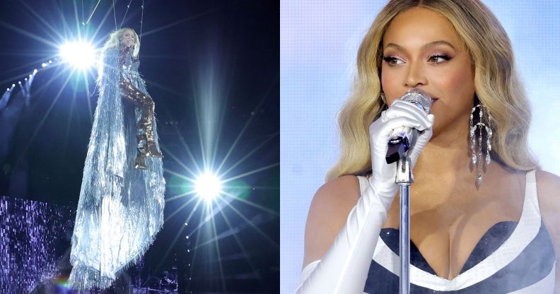 A split image of Beyoncé suspended by wires on the left and her singing on the right.