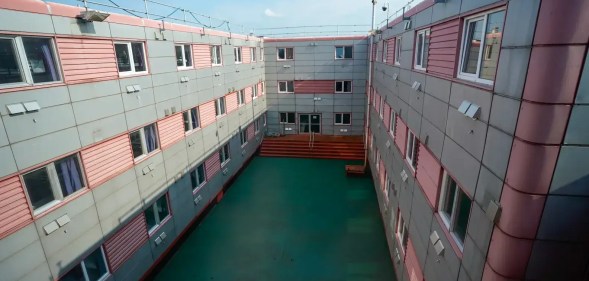 A view of the courtyard where fitness equipment will be installed onboard the Bibby Stockholm accommodation barge