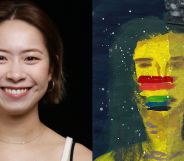This is a side by side image. On the left side is an Asian woman. She has shorter hair and is wearing a white tank while smiling. The image on the right is her artistic self portrait of herself.