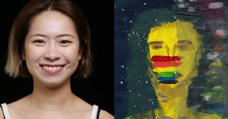 This is a side by side image. On the left side is an Asian woman. She has shorter hair and is wearing a white tank while smiling. The image on the right is her artistic self portrait of herself.