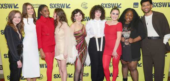 Summer Joy, Kaia Gerber, Ayo Edebiri, Havana Rose Liu, Ruby Cruz, writers Rachel Sennott and Emma Seligman, Zamani Wilder and Miles Fowler attend the Bottoms premier. (Michael Loccisano/Getty Images)