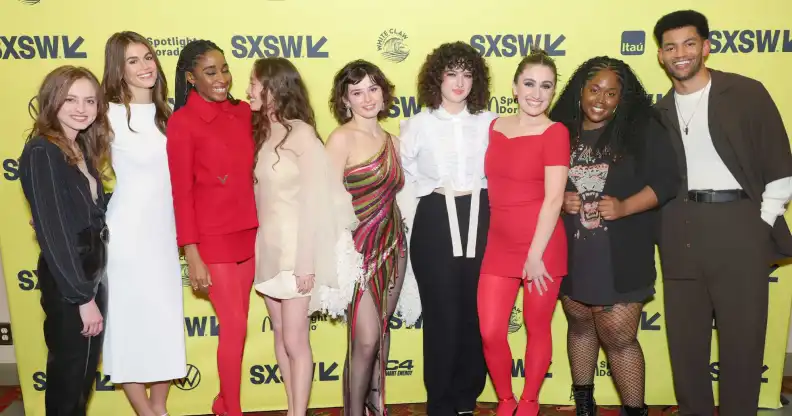 Summer Joy, Kaia Gerber, Ayo Edebiri, Havana Rose Liu, Ruby Cruz, writers Rachel Sennott and Emma Seligman, Zamani Wilder and Miles Fowler attend the Bottoms premier. (Michael Loccisano/Getty Images)