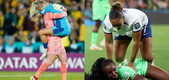 Split image showing England goalkeeper Mary Earps (L) and England forward Rachel Daly (R) embracing after winning the FIFA Women's World Cup 2023 semi-final match between Australia and England, and Lauren James of England stamping on Michelle Alozie of Nigeria which later leads to a red card being shown following a Video Assistant Referee review during the England and Nigeria match.