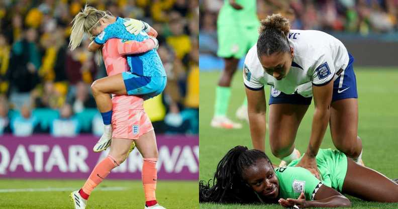 Split image showing England goalkeeper Mary Earps (L) and England forward Rachel Daly (R) embracing after winning the FIFA Women's World Cup 2023 semi-final match between Australia and England, and Lauren James of England stamping on Michelle Alozie of Nigeria which later leads to a red card being shown following a Video Assistant Referee review during the England and Nigeria match.