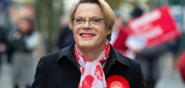 NEWPORT, WALES - DECEMBER 04: Eddie Izzard, comedian and political activist, visits Newport to show support for Ruth Jones, Labour Party candidate for Newport West and Jessica Morden, Labour Party candidate for Newport East on December 4, 2019 in Newport, Wales. The UK will go to the polls on December 12, the third General Election in less than five years. (Photo by Matthew Horwood/Getty Images)