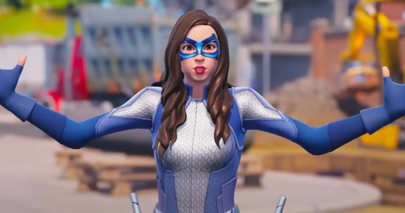 Trans DC superhero Dreamer in Fortnite in a promotional video for the game's LGBTQ+ Pride event Rainbow Royale