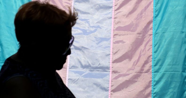 A silhoutte stands infront of a trans flag.