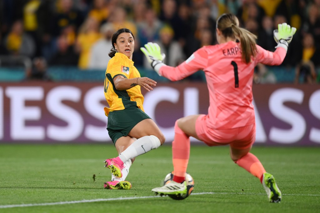 Mary Earps blocks a goal attempt by Australia's Sam Kerr (Justin Setterfield/Getty Images )