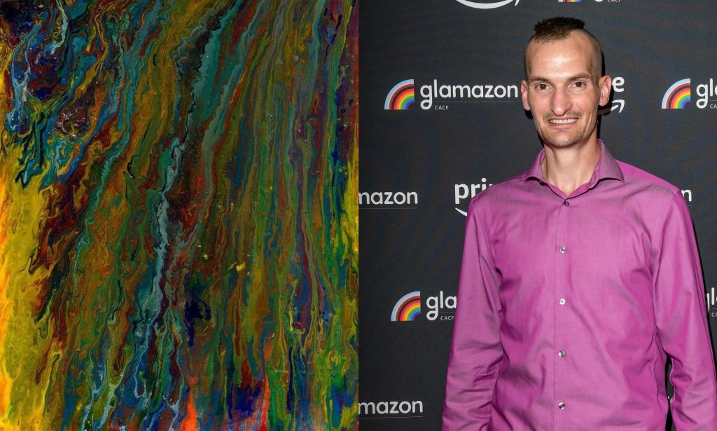 This is a side by side image of art and artist. On the left side is a painting of stark and bold colours representing the Pride colours. On the right side is an image of the artist, Adam Dwyer. He is wearing a purple shirt.