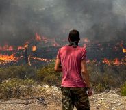 A person stares at the wildfires across Greece.